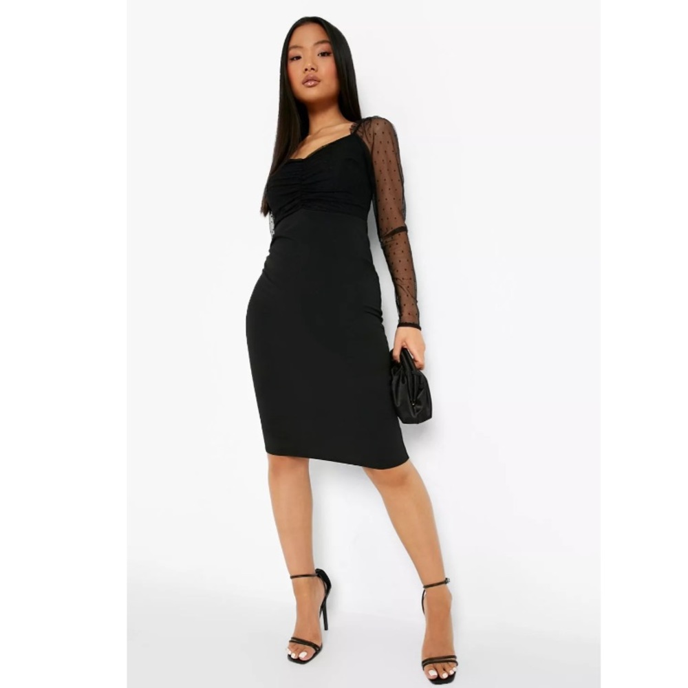 BOOHOO | PETITE DOBBY MESH PUFF SLEEVE MIDI DRESS SIZE 12P NWT!